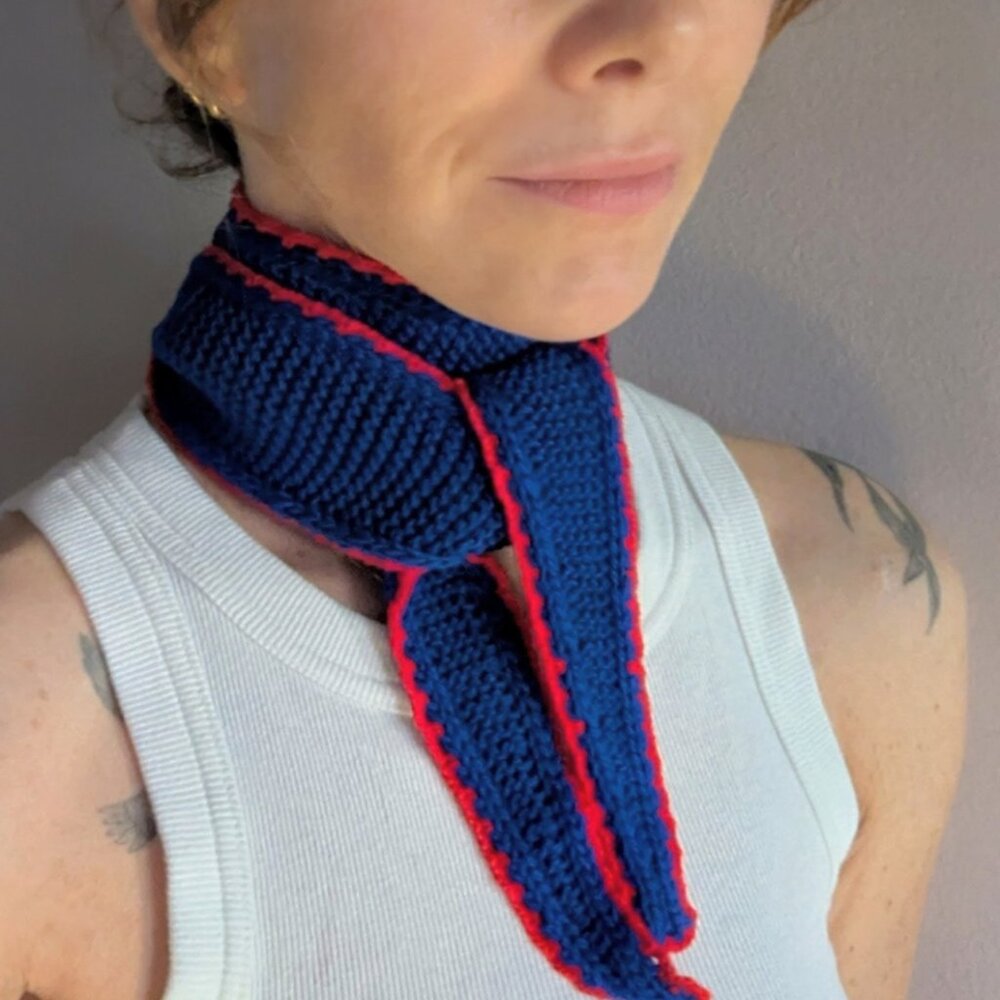 Handmade PetiteKnit Sophie Skinny Scarf Crimson & Cobalt Blue | Scandi Cool Girl - Picture 13 of 15